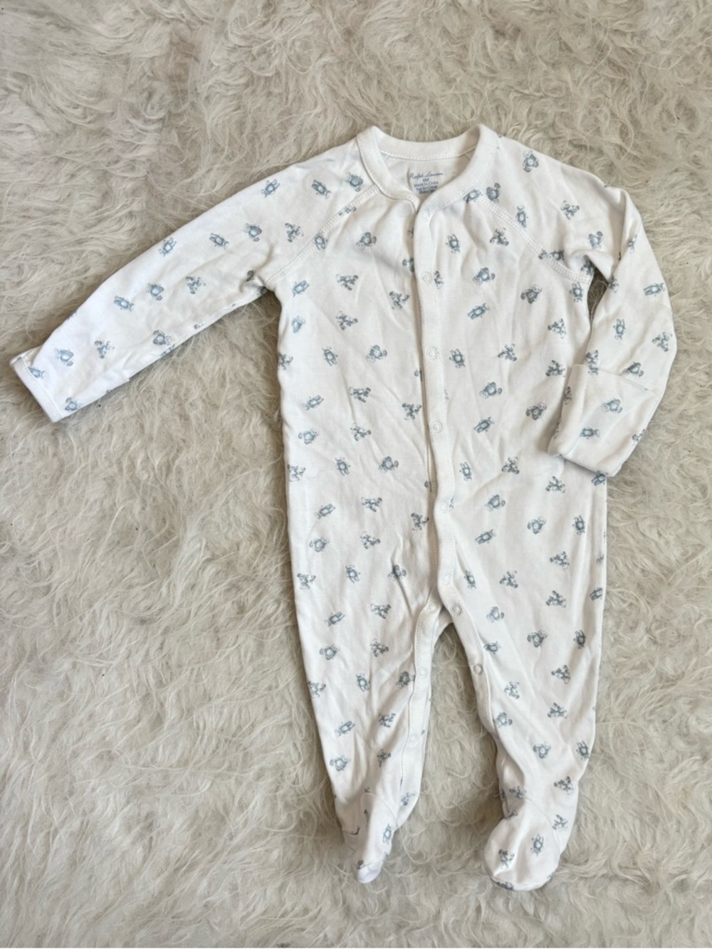 Ralph Lauren Gender Neutral Classic Teddy Bear Print Snap Footie Pajamas